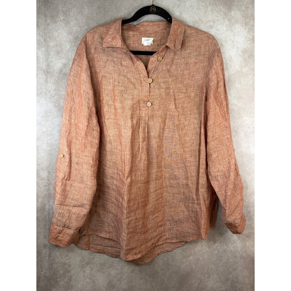 Sigrid Olsen Tunic Women Large Rust 100% Linen Roll Tab Sleeve Button Top